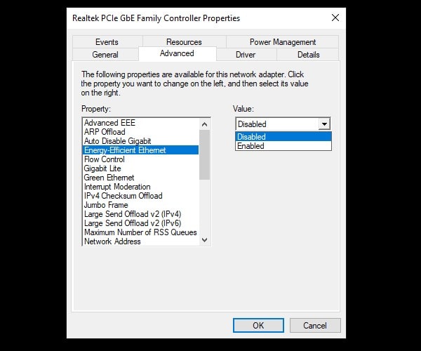 Disable Energy Efficient Ethernet