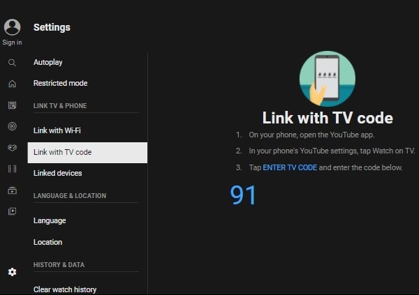 YouTube TV - Link with TV code