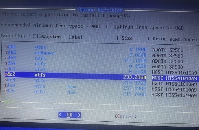 Choose Partition to Install Lineage OS