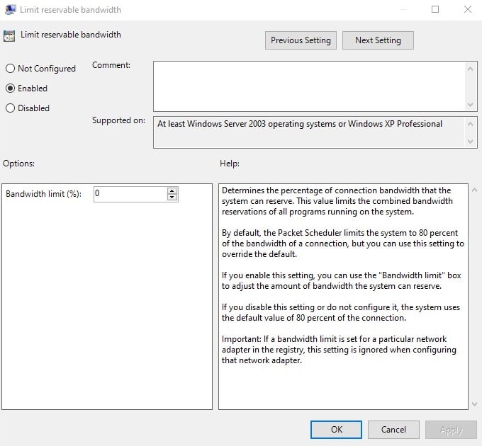 Limit reservable bandwidth - Windows 10 slow internet