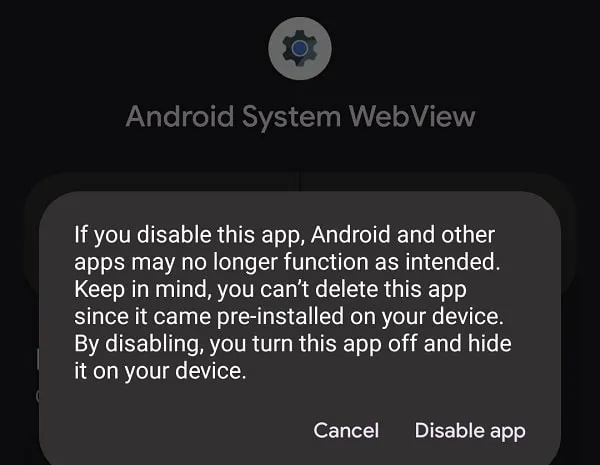 Disable Android System WebView App
