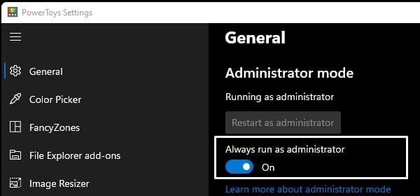 Enable Administrator mode in PowerToys