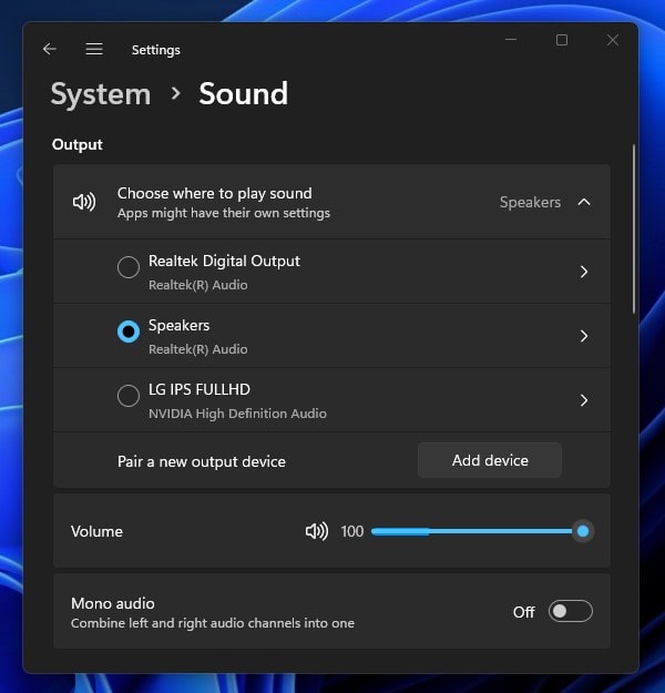 Select the right output audio device