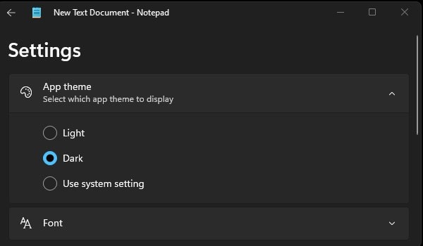 Windows 11 Notepad Settings Dark theme