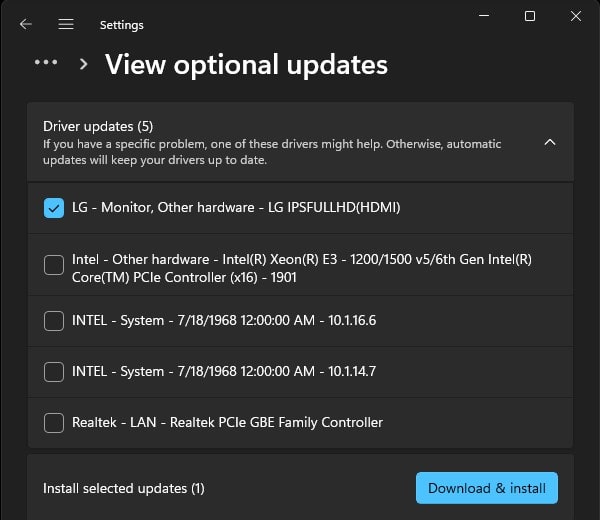 Install LG Monitor Driver Update from Windows Optional Update