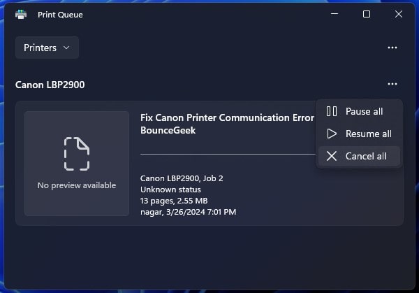 Cancel All Print Queue