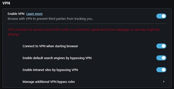 Enable Opera VPN in Settings