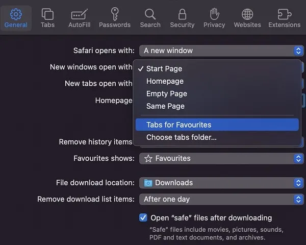 Tabs for Favorites in Safari