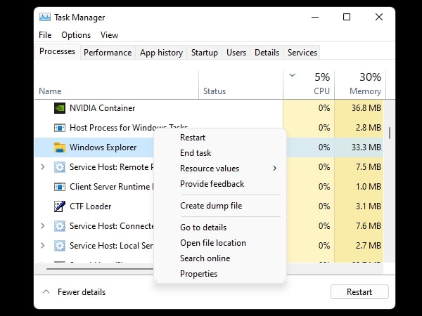 Restart Windows Explorer to fix Windows Search Blank Box