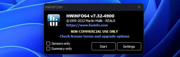 Start HWiNFO64 App