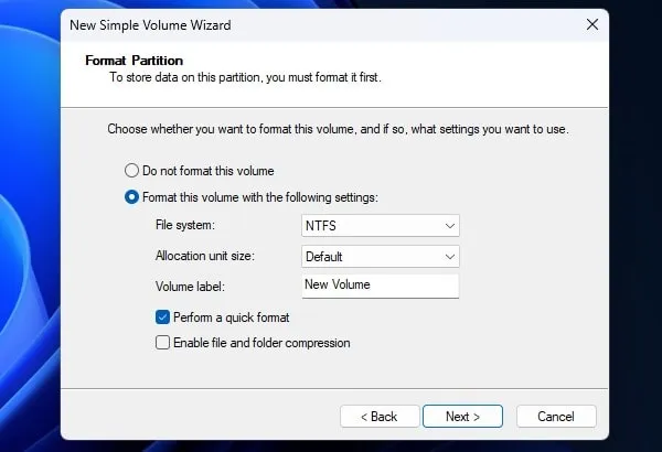 Format New Volume Partition - Create New Drive on Windows 11