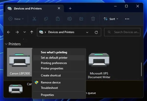 Set as Default Printer Control Panel