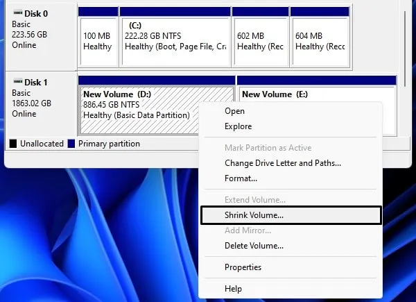 Shrink Volume on Windows 11 Disk Management