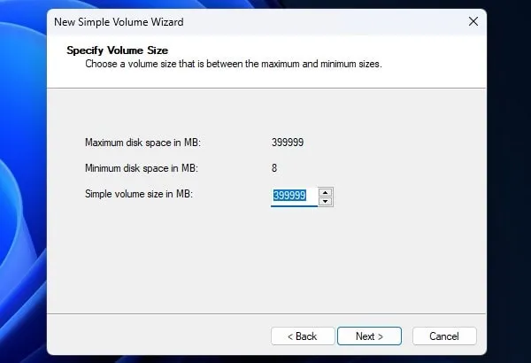 Specify Volume Size of New Drive