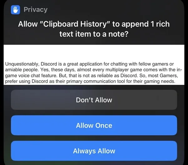 Allow Clipboard History Shortcut Append Permission