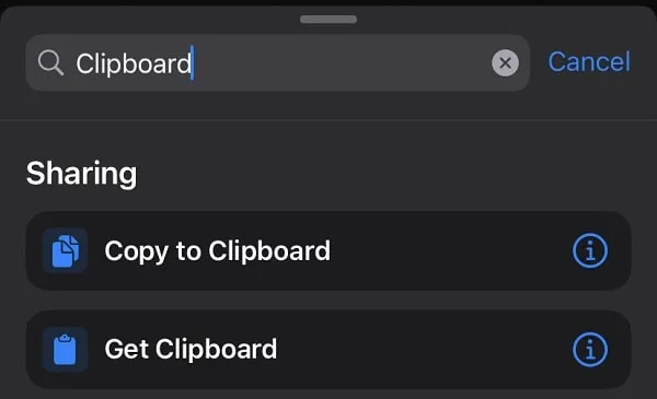 Get Clipboard Action in Shortcuts