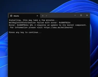 WSL 2 requires an update to its kernel component