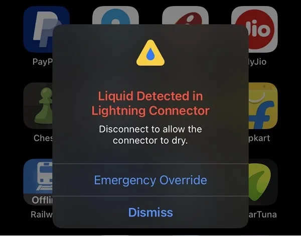 Emergency Override - Liquid Detected in Lightning Connector