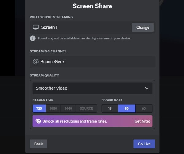 Select Streaming Quality for Discord Screen Share