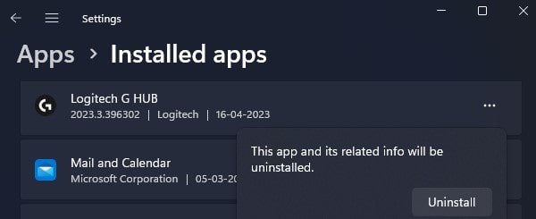 Uninstall Logitech G HUB App on Windows 11