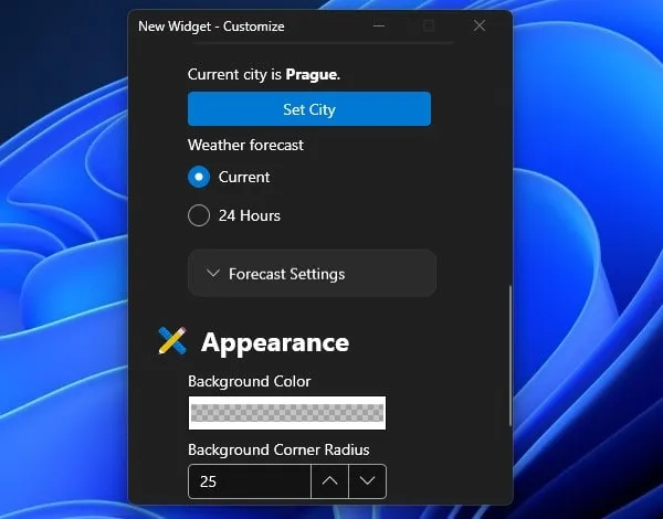 Customize Window for Weather Widget