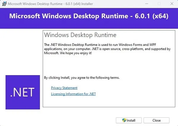 Install Microsoft Windows Desktop Runtime