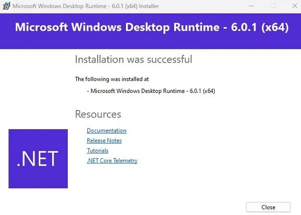 Microsoft Windows Desktop Runtime Installation Successful