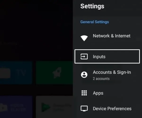 Open Inputs Settings of Android Smart TV