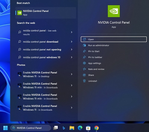 Open NVIDIA Control Panel from Windows Search