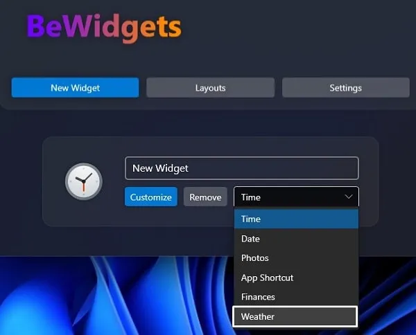 Select Weather Widget on BeWidgets App