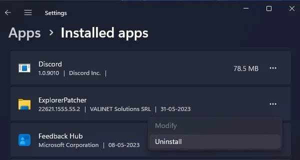 Uninstall Explorer Patcher App from Windows 11