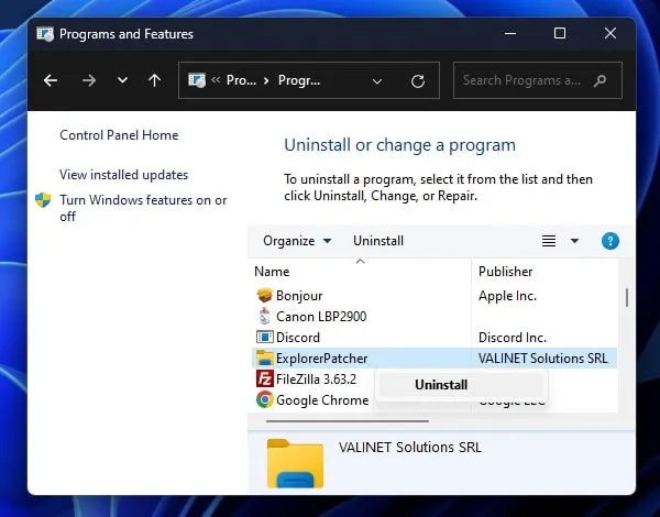 Uninstall Explorer Patcher from Control Panel