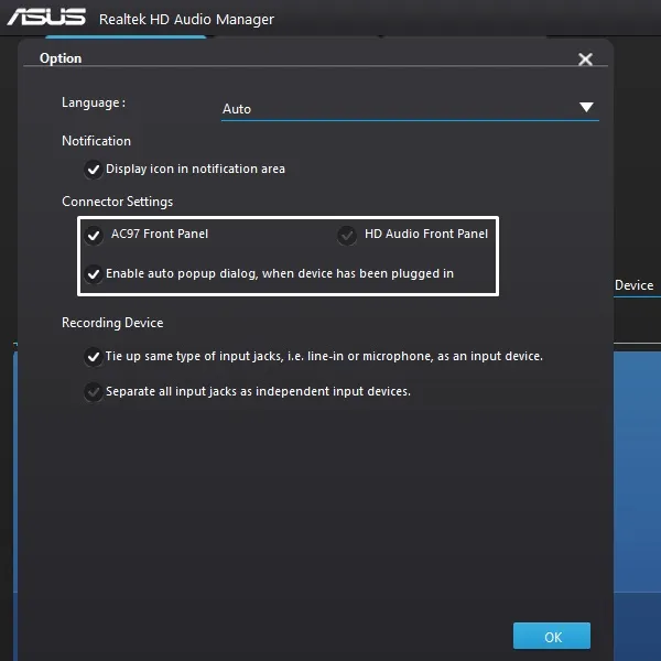 Enable Front Panel in Realtek HD Audio Manager