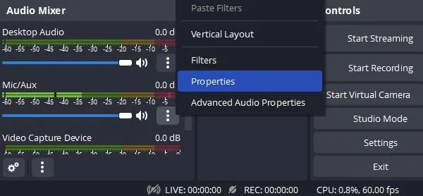 Open Audio Mixer Properties