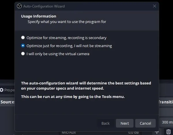 Optimize just for recording, I will not be streaming