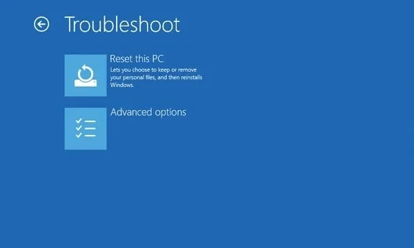 Select Advanced Options in Troubleshoot