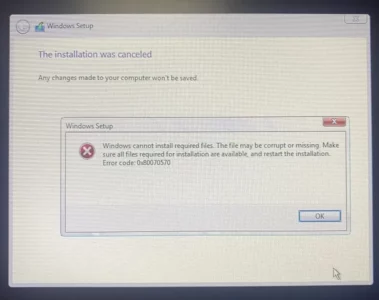 Windows cannot install required files 0x80070570 Error