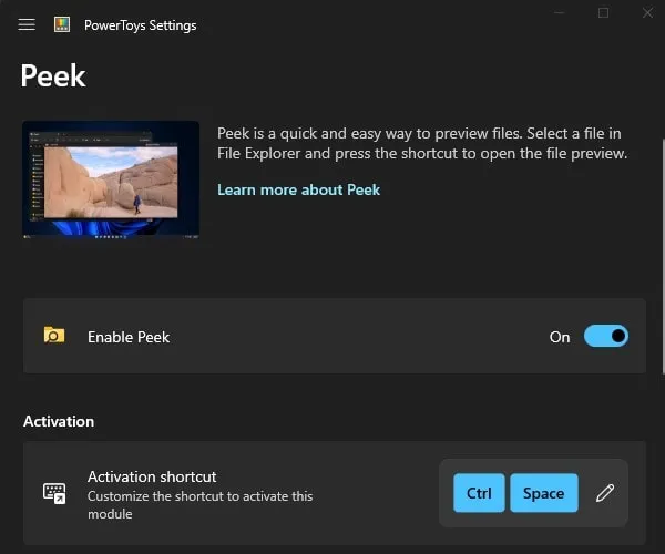 Enable Peek with Activation Shortcut