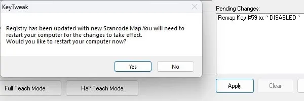 Apply and Restart Windows to Disable Key