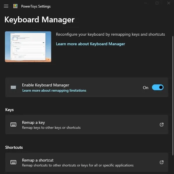 Enable Keyboard Manager and Remap a Key