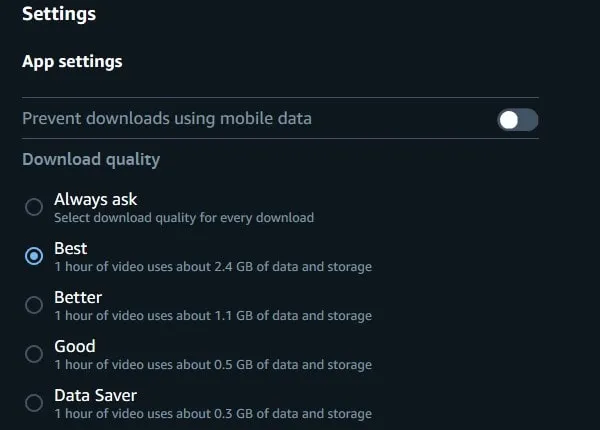 Select Prime Video Download Quality