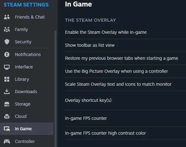 In game option in steam settings