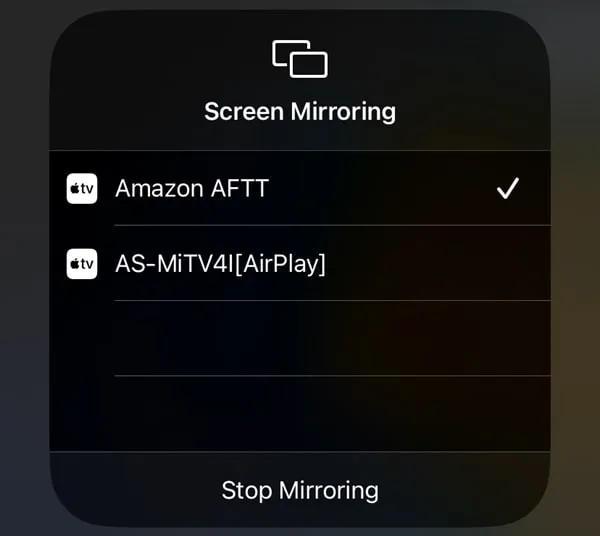 Select AirPlay App for Screen Mirroring