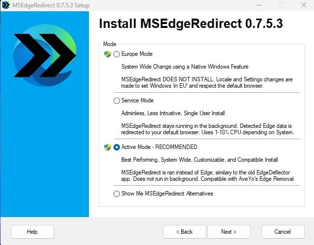Set Active Mode in MSEdgeRedirect