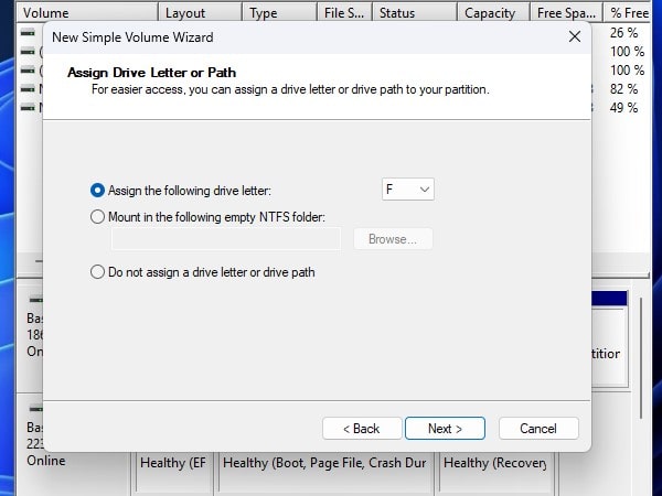 Assign Drive Letter Path to New Simple Volume