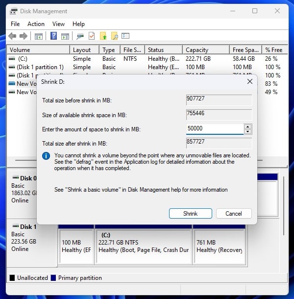 Enter the amount of space to shrink in MB