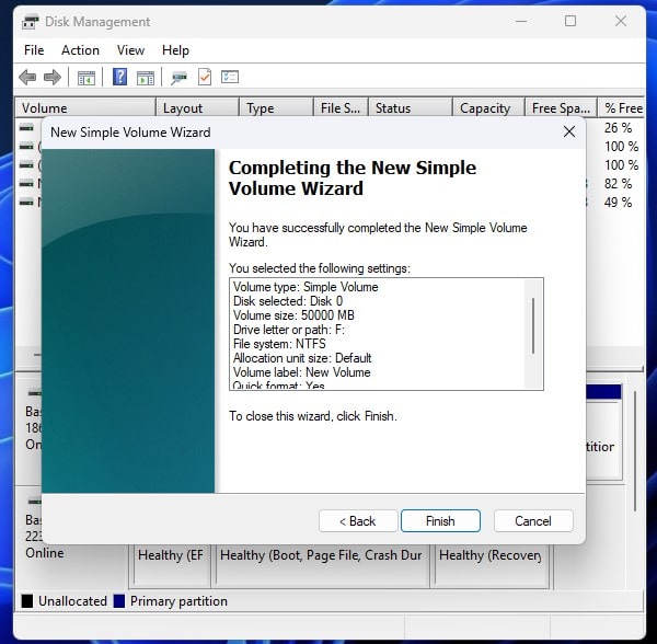 Finish New Simple Volume Wizard to Create New Volume