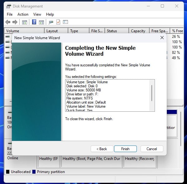 Finish New Simple Volume Wizard to Create New Volume