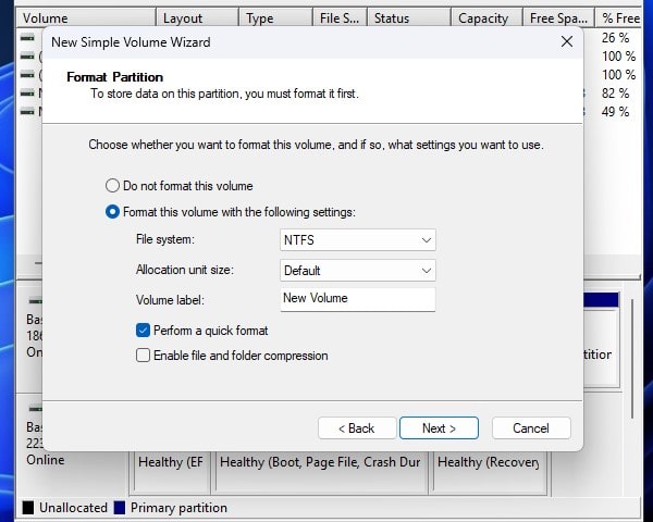 Format Partition of New Simple Volume Wizard