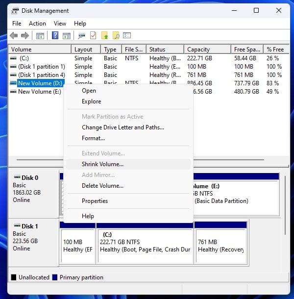 Select Drive with Free Space to Shrink Volume